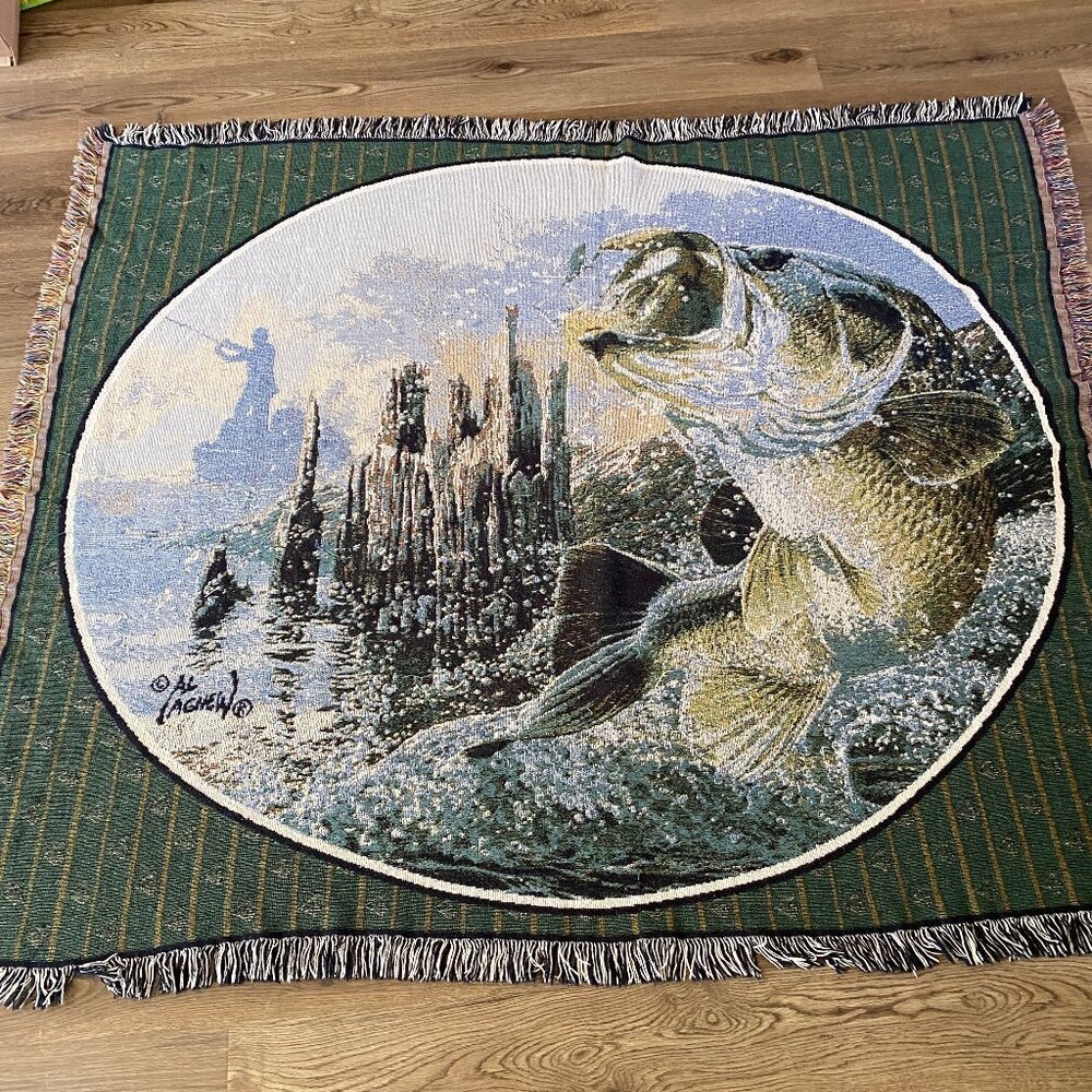 Al Agnew “Trouble” Fly Fishing Blanket 62x52 Cabin Decor Bass Trout‎